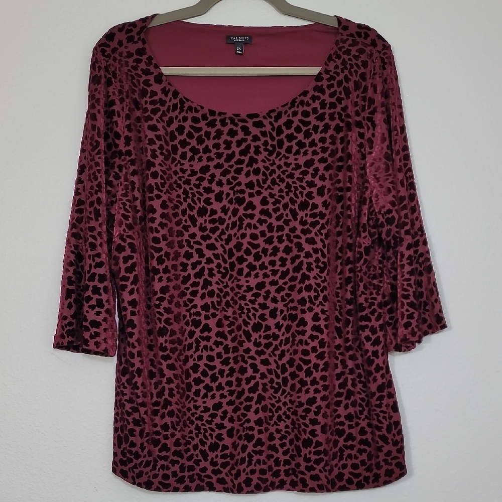 Talbots Burnout Velvet Long Sleeve Top Size 2X Petite 3/4 Sleeve Maroon Flare